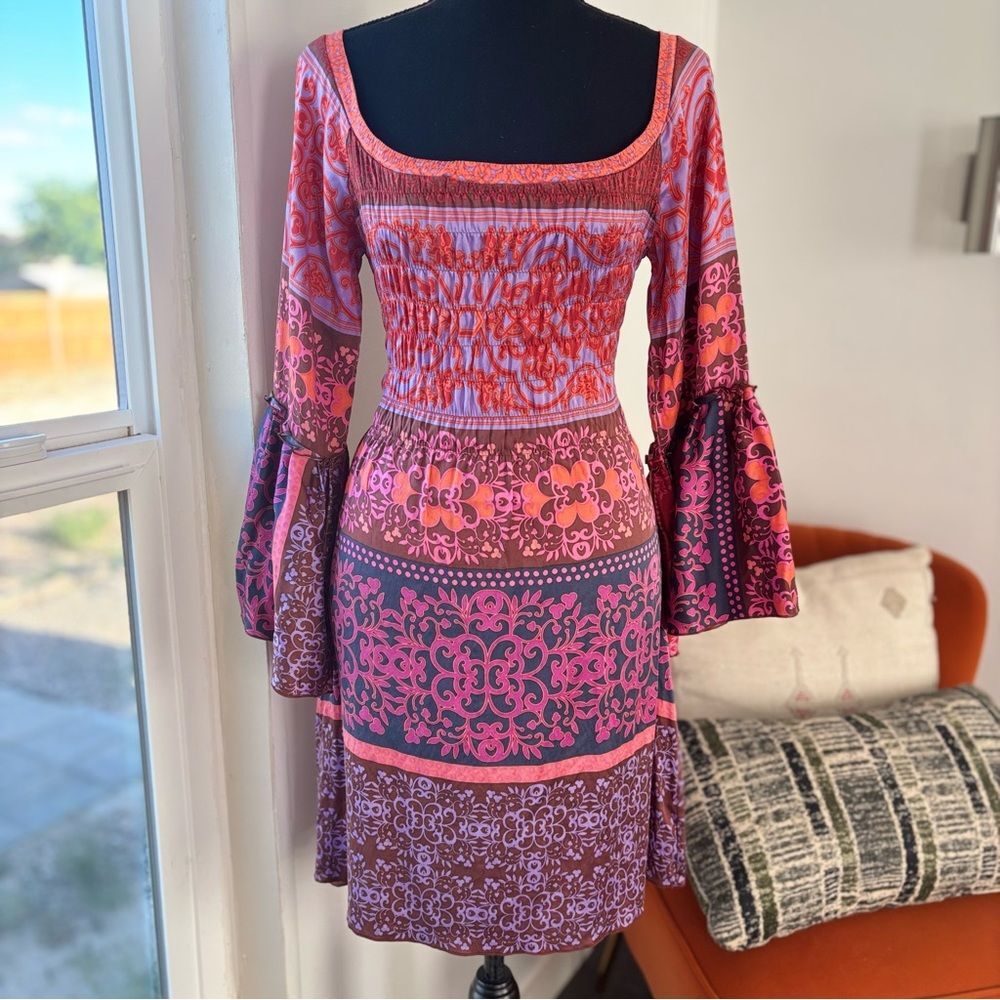 Hale Bob Silk Boho Smocked Dress Bell Sleeves Pink/Orange/Purple Sz Small